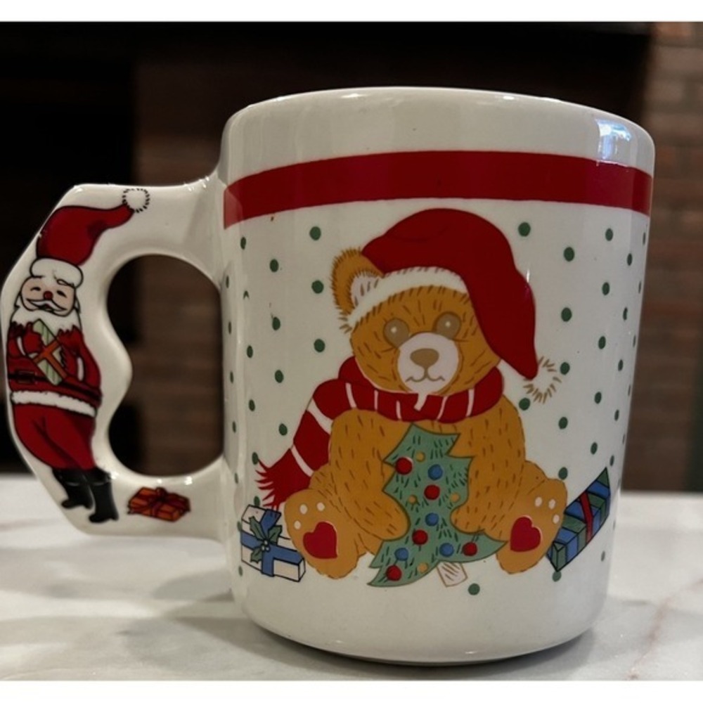 Vintage 80's Christmas Mug Teddy Bear with Santa‎ handle
